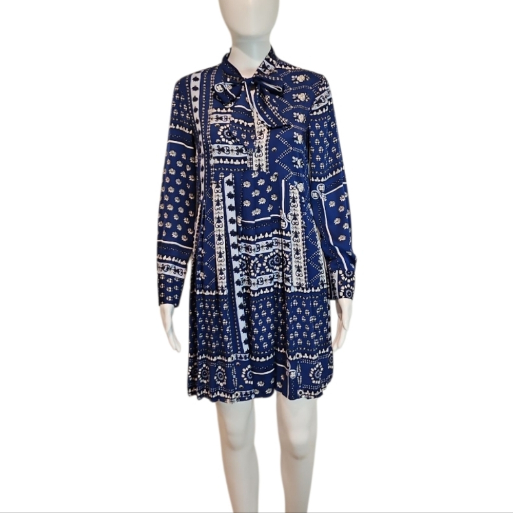 Zara Blue and White Long Sleeve Tie Neck Dress Size XS  PP 17½  W 14½ LIKE NEW